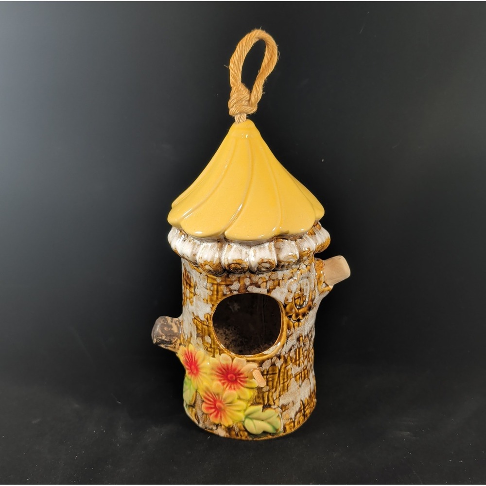 Cute Decorative Hanging Ceramic Birdhouse Floral Daisies Tree Trunk Drip Glaze